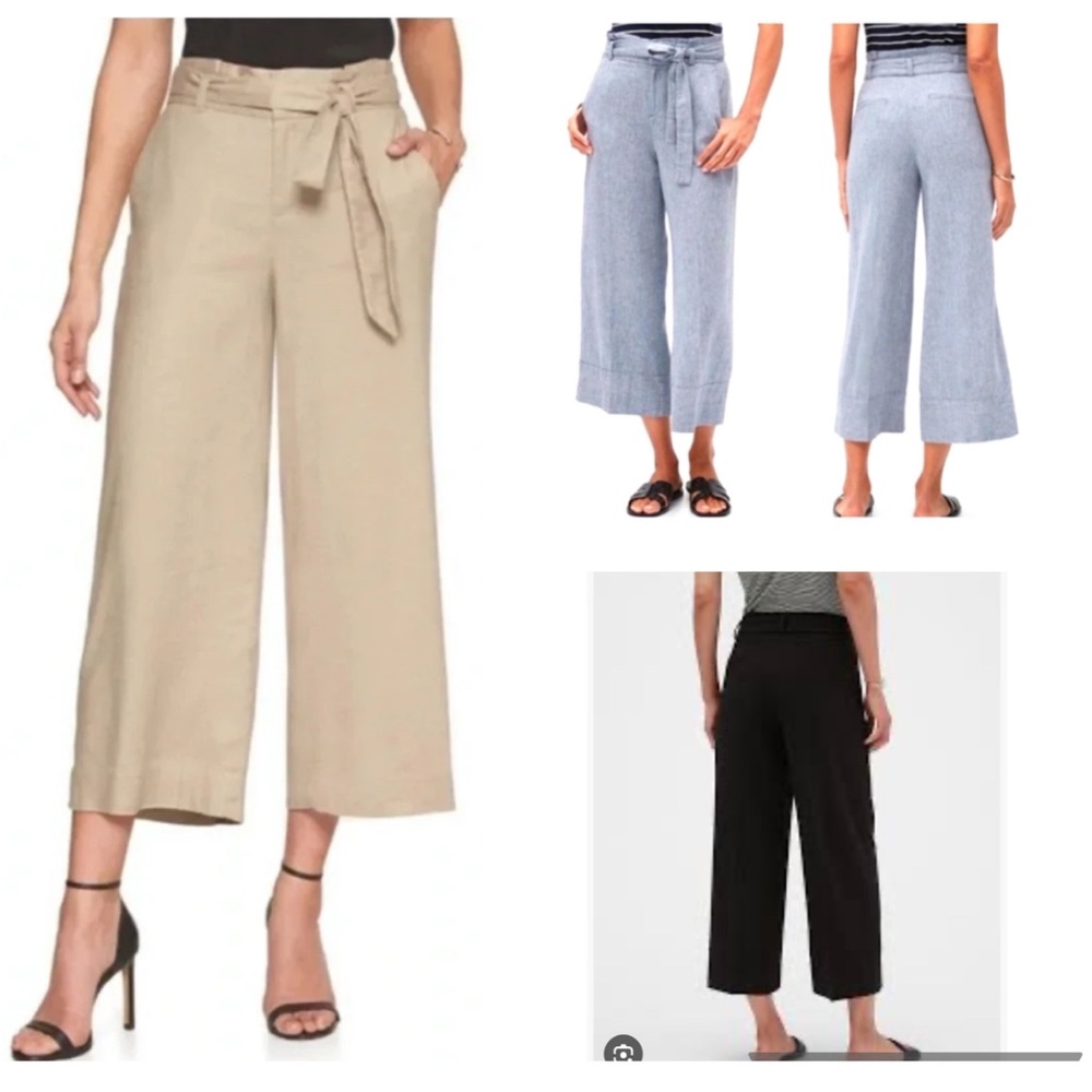 Banana Republic Blake Tie Waist Paperbag Wide-leg Crop Pants Black 0P Petite EUC